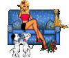 Flirty girl on the couch. Cute puppies
