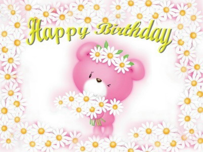 Happy Birthday Cute pink bear with flowers