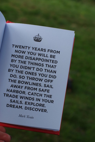 Twenty years from now you will be more disappointed by the things that you didn't do than by the ones you did do. So throw off the bowlines. Sail away from safe harbor. Catch the trade winds in your sails. Explore. Dream. Discover. Mark Twain