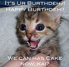 LOLCat: It's Ur Burthdeh?! Happy Burthdeh!! We can has Cake now, kai?