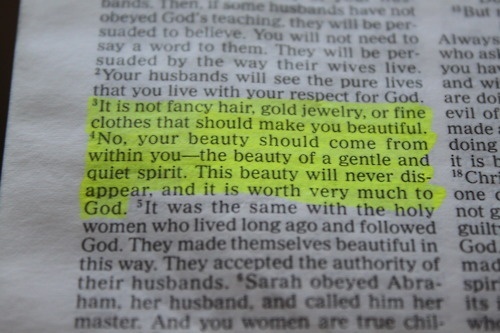 It is not fancy hair, gold jewelry, or fine clothes that should make you beautiful. No, your beauty should come from within you - the beauty of a gentle and quiet spirit. This beauty will never disappear, and it is worth very much to God.