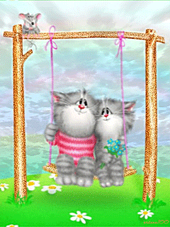 Romantic cats couple on a swing
