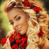 Beautiful Girl Blonde Hair with Red Flowers