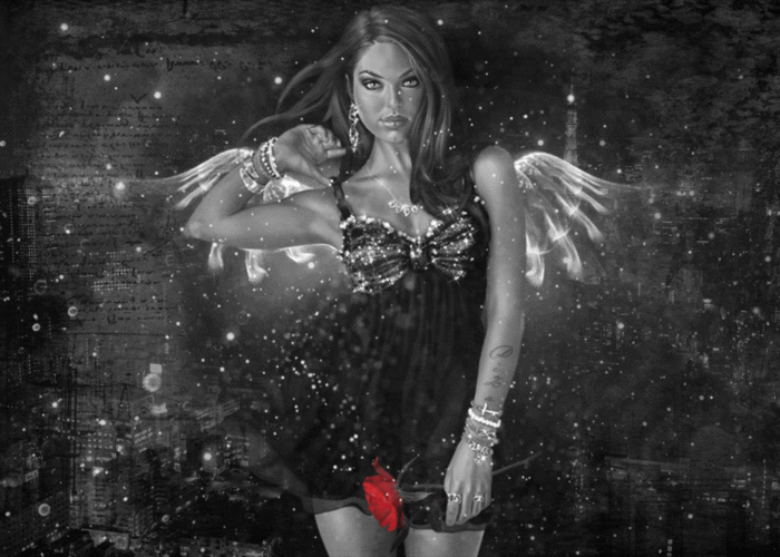 Black and White Angel with Red Rose