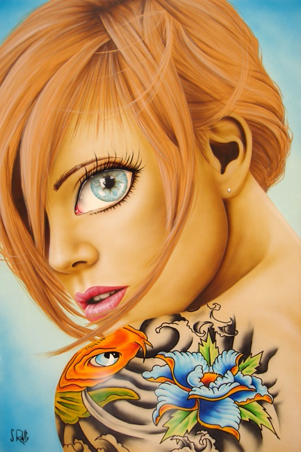 Blonde Girl Big Blue Eye Shoulder Tattoo 