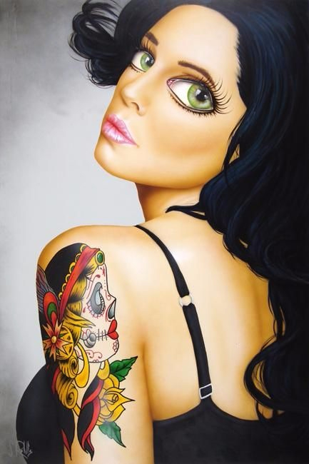 Girl Big Green Eyes Shoulder Tattoo