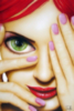 Girl Red Lips, Hair, Big Green Eye, Pink Nails 