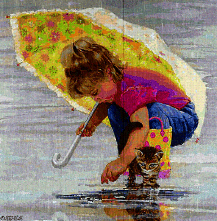 Little Girl and Small Kitten in the Rain