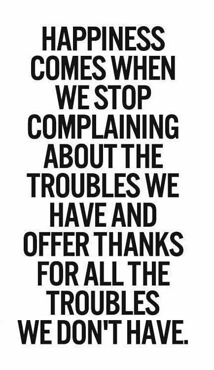 Happiness comes when we stop complaining about the troubles we have and offer thanks for all the troubles we don't have.