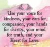 Use your voice for kindness, your ears for compassion, your hands for charity, your mind for truth, and your Heart for Love.