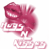 Hugs N Kisses, white text , pink lips