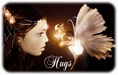 Hugs, white text, girl with wings