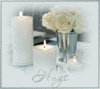 Hugs, silver text, white candles