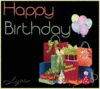 happy birthday , black background, glitter text, balloons