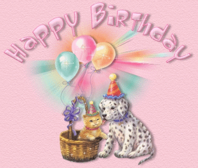 HAPPY BIRTHDAY! -- Pink Background, Pink Text, Cat, Dog