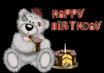 HAPPY BIRTHDAY! -- Black Background, Candle, Red Text, Bear