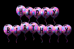 Happy Birthday! -- black background, pink balloons