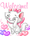 welcome , pink text, withe cat