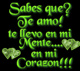 black icon with animated green quote and heart- sabes que te amo te llevo en mi mente en mi corazon