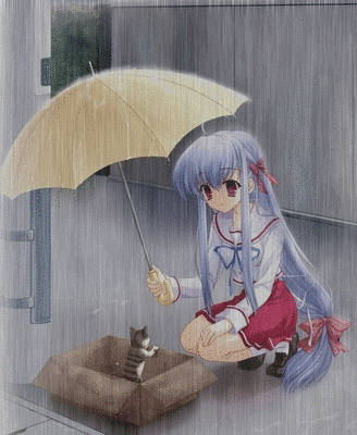 Anime girl and cat (raining)