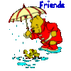 Pooh holding umbrella over bab..