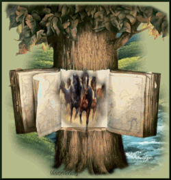 tree with book and horses